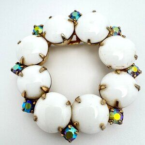 Vintage 1950s Goldtone Round Circle Milk Glass Aurora Borealis Rhinestone Brooch
